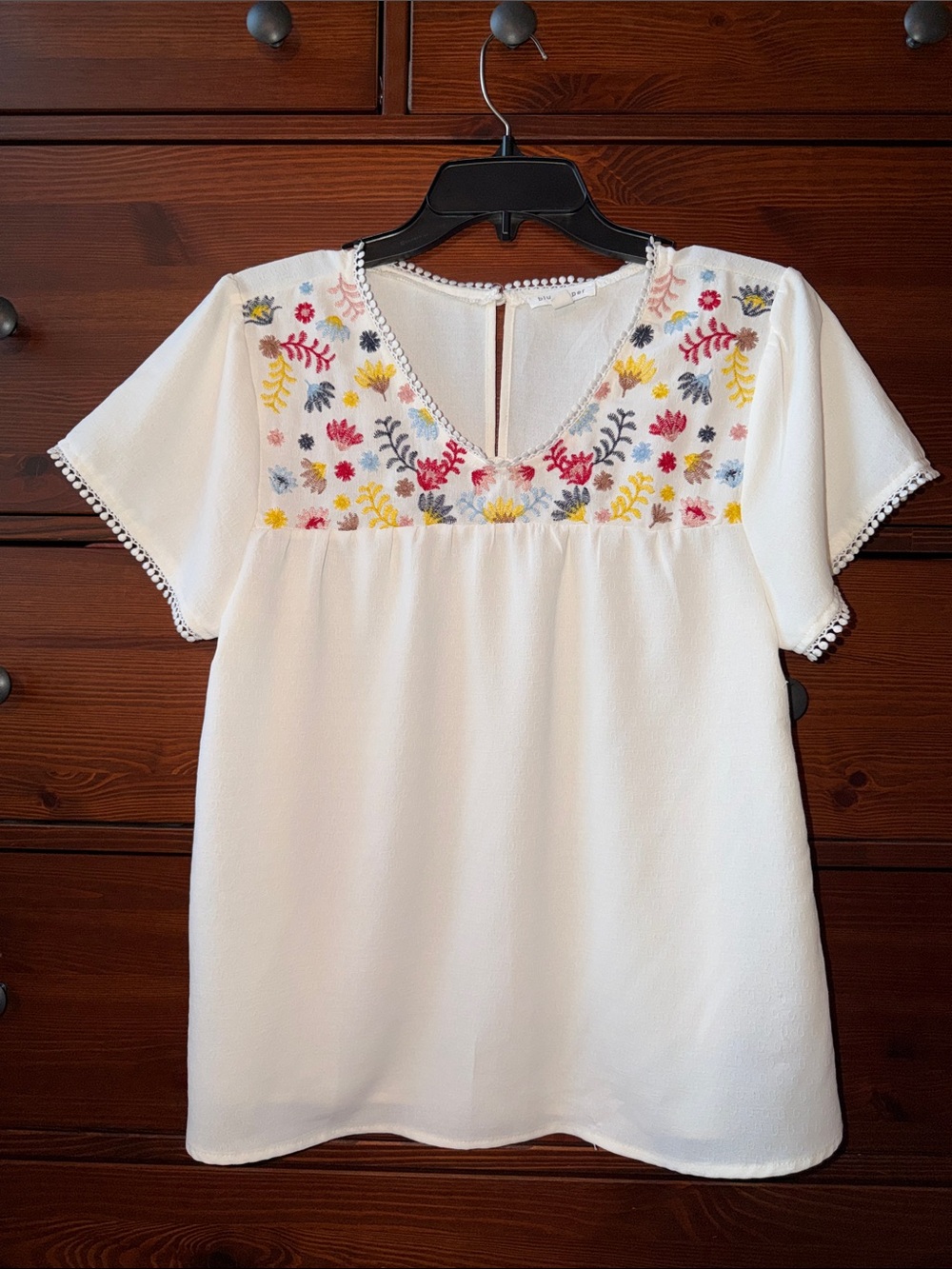 Blu Pepper Boho Embroidered Floral Peasant Blouse Top Size L